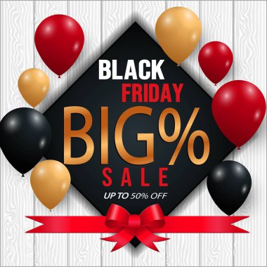 Parlak Balonlar, kırmızı, pembe, altın ve kurdeleli Kara Cuma Posteri, modern tarzda son özel bayram tanıtımı.