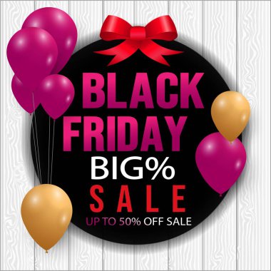 Parlak Balonlar, kırmızı, pembe, altın ve kurdeleli Kara Cuma Posteri, modern tarzda son özel bayram tanıtımı.