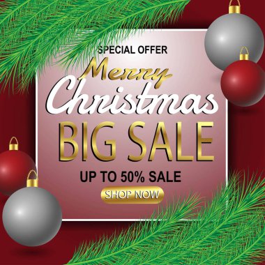 Noel yaprakları, ağaç, ışıklar ve Noel yaprakları çerçeveli beyaz, kırmızı arka planda renkli unsurlarla Noel indirimi afişi. Vektör illüstrasyonu.