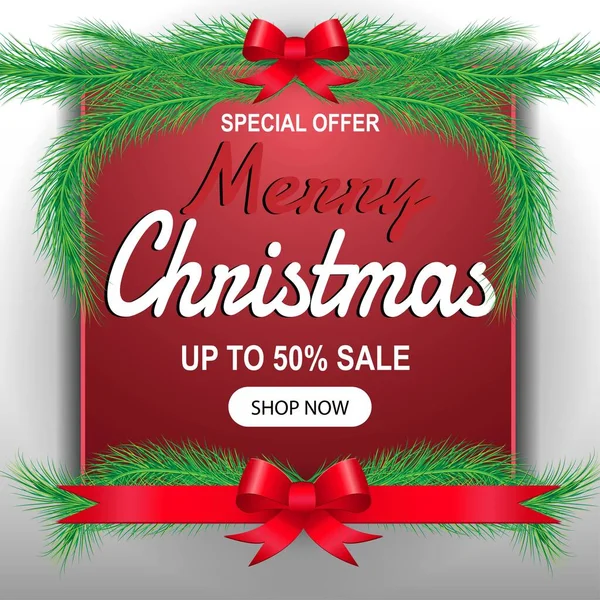 Spanduk Promosi Penjualan Natal Dengan Daun Natal Pohon Lampu Dan - Stok Vektor