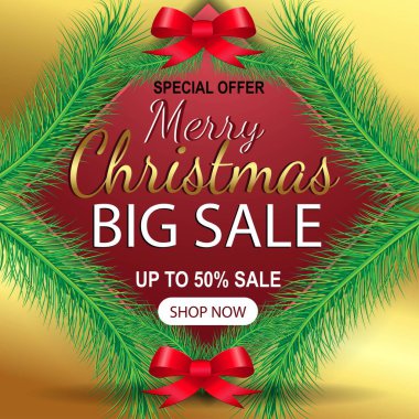 Noel yaprakları, ağaç, ışıklar ve beyaz, kırmızı ve lüks altın çerçeveli çerçeveli Noel indirimi afişi. Vektör illüstrasyonu.