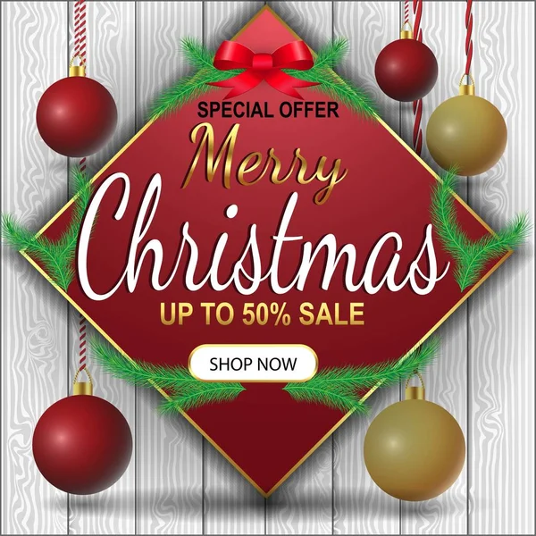 Banner Promoción Venta Navidad Con Hojas Navidad Árbol Luces Elementos — Vector de stock