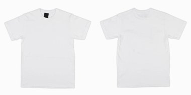Beyaz arkaplanda boş tişört rengi beyaz şablon ön ve arka görünüm izole edildi. Üstten çekilmiş düz tişörtler. Boş beyaz tişört seti izole edildi, basılacak t-shirt 'ü taklit et.