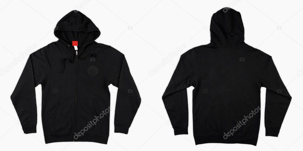Blank black male hooded sweatshirt long sleeve with clipping path, mens hoody with zipped for your design mockup for print, isolated on white background. Template sport winter clothes. Blank black hoodie template front and back view.