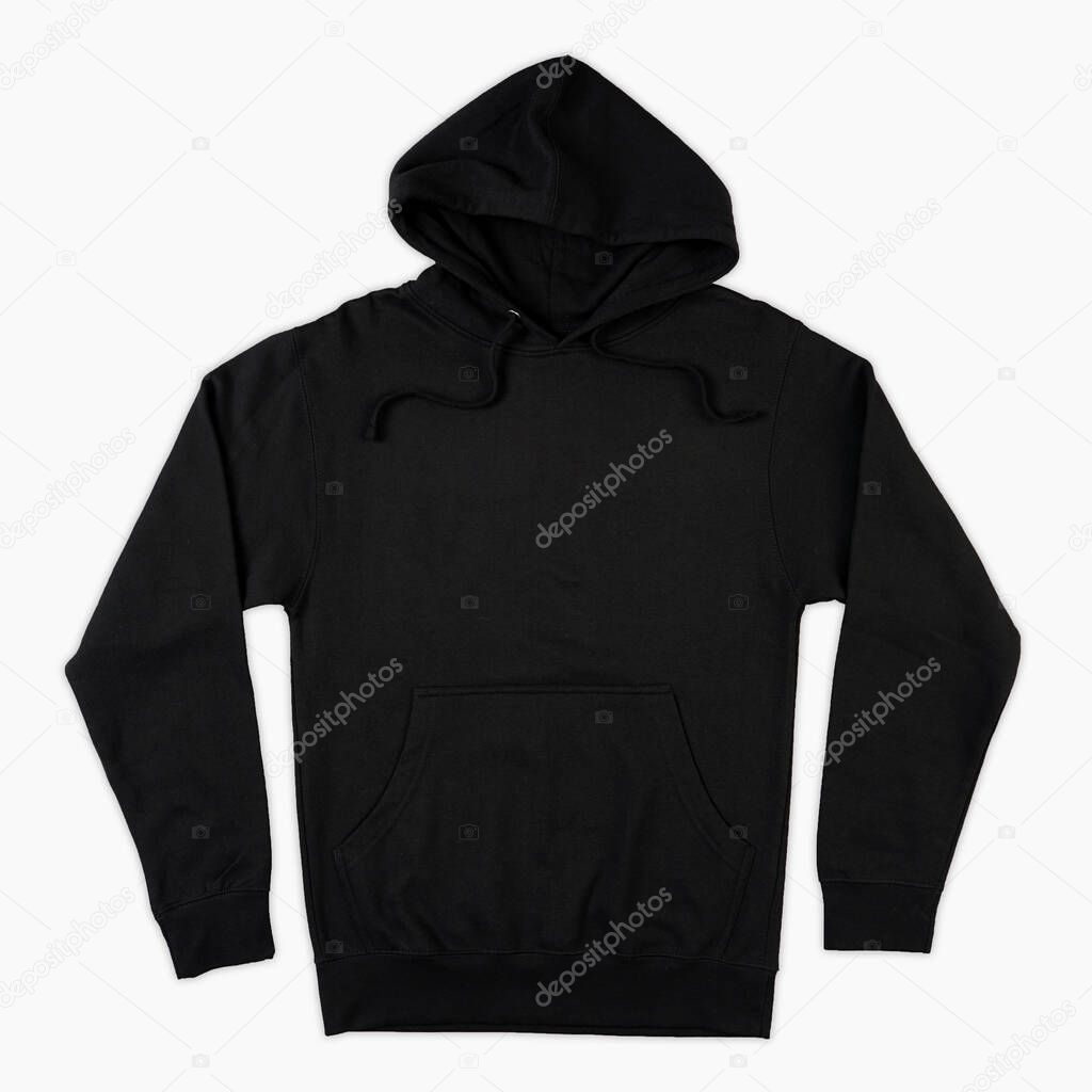 Blank black male hooded sweatshirt long sleeve with clipping path, mens hoody with zipped for your design mockup for print, isolated on white background. Template sport winter clothes. Blank black hoodie template front and back view.