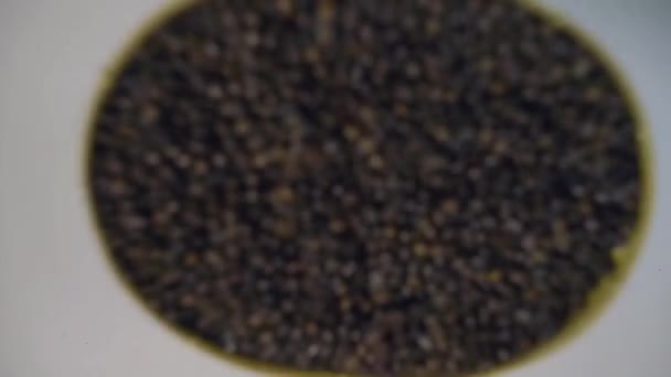 Frisch Geröstete Duftende Kaffeebohnen Der Pfanne Kaffeebohnen Die Vom Bambusteller — Stockvideo