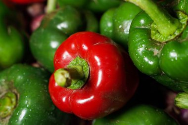 Renkli yeşil ve kırmızı biber arka planı. Tatlı yeşil biber arka planı ve kırmızı biber. Paprika biberleri. Arka plan olarak kırmızı biber renginde, yakın plan. seçici odak, makro fotoğraf.