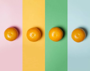 Pastel renkli arka plan kavramı ve taze portakallar. Renkli arka planda turuncu meyve deseni, üst manzara. Çekici duvar kağıtlarıyla turunçgillerin birleşimi. Taze meyve duvar kağıtları.