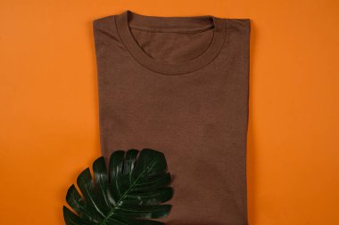 Turuncu arka planda izole edilmiş düz kahverengi tişört zarif bir izlenim yaratıyor. Pamuktan yapılmış tişörtler günlük giysiler için çok rahattır. Reklamınız için boş yer. Tişört modeli..