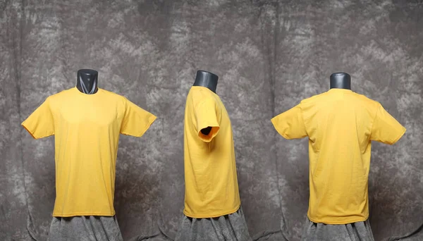 Yellow blank men's t-shirt template, view from three directions, natural shape on black mannequin, for your mockup design to print, isolated on motif gray background. Free space for your ad.Focus blur