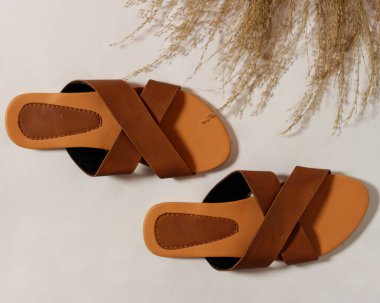 Kadın sandaletleri, açık ve koyu kahverengiyle basit ve zarif bir tasarımın karışımıdır. Günlük kullanım için rahat sandaletler. Haihil olmayan sandaletler. Marka reklamın için boş bir yer. Sandalet maketi. Odak bulanıklığı.