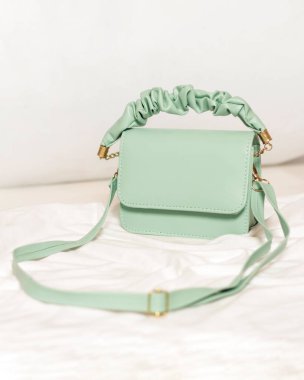 Pastel yeşil kadın çantası zarif bir izlenim yaratıyor. Resmi etkinliklere katılmak ya da aile ve arkadaşlarla takılmak için çok uygun. Basit bir tasarımı olan bir çanta. Çanta modeli..