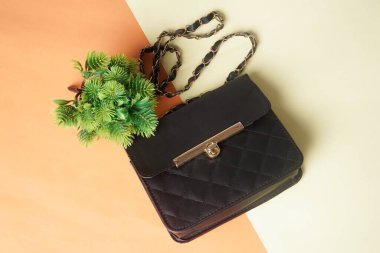   Bir siyah çanta ve bir tencere portakal ve krema arka planının önünde sergilenir.