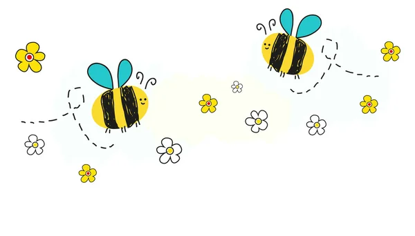 Vetor de abelha com fundo de bandeira de flor margarida —  Vetores de Stock