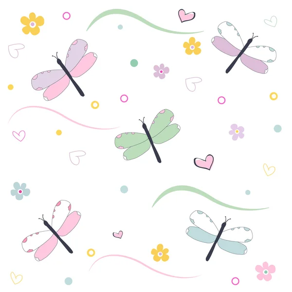 トンボパターンの背景を持つカラフルな花のグリーティングカード — ストックベクタ