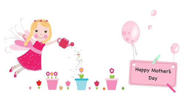 Happy Mother's Day wenskaart. Drenken Flower Fairy en ballon vector achtergrond — Stockvector