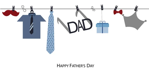 Glückwunschkarte zum Vatertag mit hängender Krawatte, Jacke, Geschenkbox, Krone, Schnurrbart, Brille Vektor Hintergrund — Stockvektor