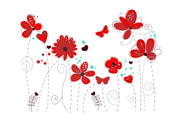 Primavera tempo rosso doodle fiori vettore sfondo — Vettoriale Stock