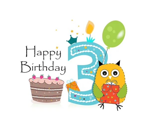 Happy third birthday greeting card. Cute blue owl, balloon and birthday cake vector background — Stock Vector