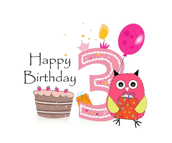 Счастливая открытка на третий день рождения. Симпатичный розовый сова, воздушный шар и день рождения торт векторный фон — стоковый вектор