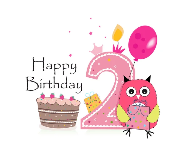 Carte de voeux du deuxième anniversaire. Chouette hibou rose, ballon et fond vectoriel gâteau d'anniversaire — Image vectorielle