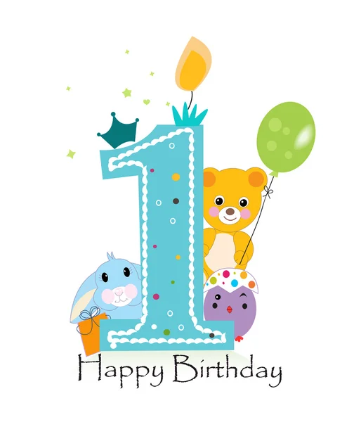 Feliz primer cumpleaños vela. Tarjeta de felicitación bebé niño con conejito, pollito y oso de peluche vector — Archivo Imágenes Vectoriales