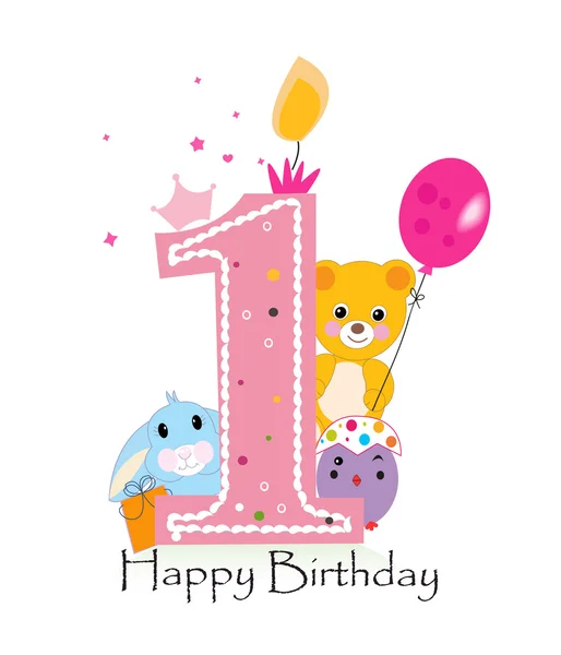 Feliz primer cumpleaños vela. Tarjeta de felicitación de niña con conejito, pollito y oso de peluche vector . — Vector de stock