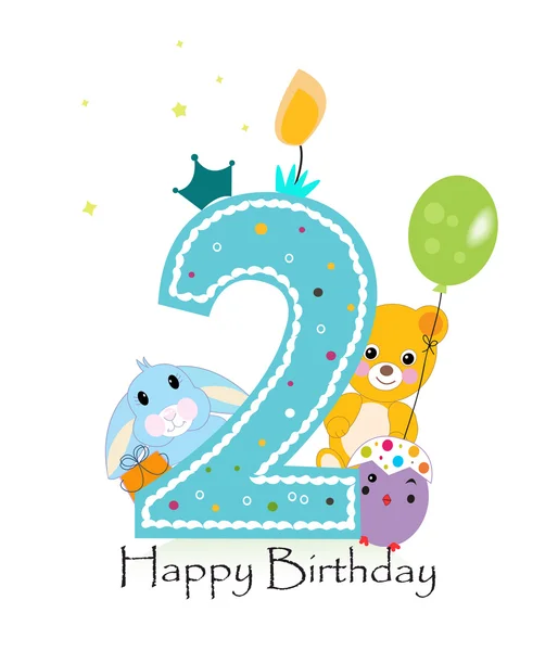 Happy second birthday candle. Baby boy greeting card with bunny, chick and teddy bear vector — Stock Vector
