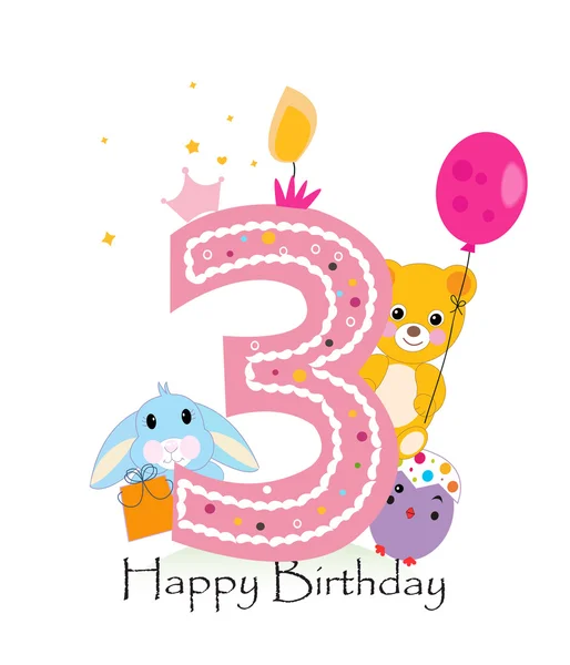Happy third birthday candle. Baby girl greeting card with bunny, chick and teddy bear vector — Stock Vector