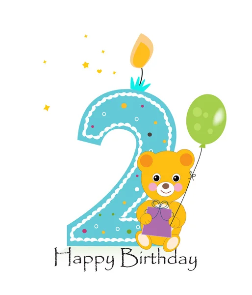 Happy second birthday candle. Baby birthday greeting card with teddy bear vector background — Stock Vector