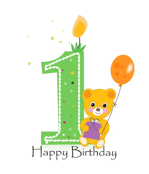Feliz primer cumpleaños vela. Tarjeta de felicitación de cumpleaños del bebé con vector de oso de peluche — Archivo Imágenes Vectoriales