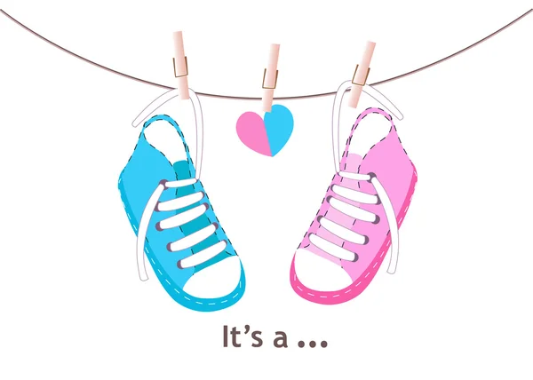 Scarpe da bambino blu e rosa. Biglietto di auguri doccia bambino — Vettoriale Stock