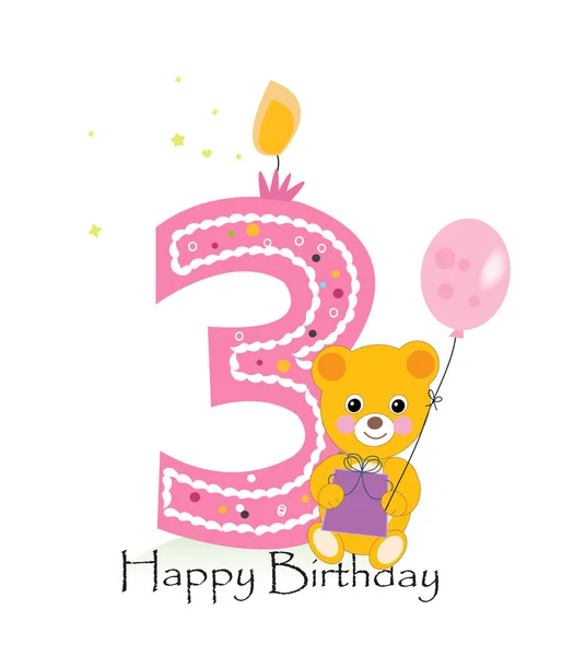 Gelukkig derde verjaardag kaars. Baby meisje verjaardag wenskaart met teddybeer vector achtergrond — Stockvector