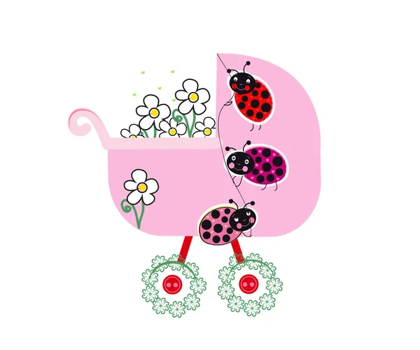 Baby shower vector greeting card. Baby stroller and lady birds vector background — Stockvector