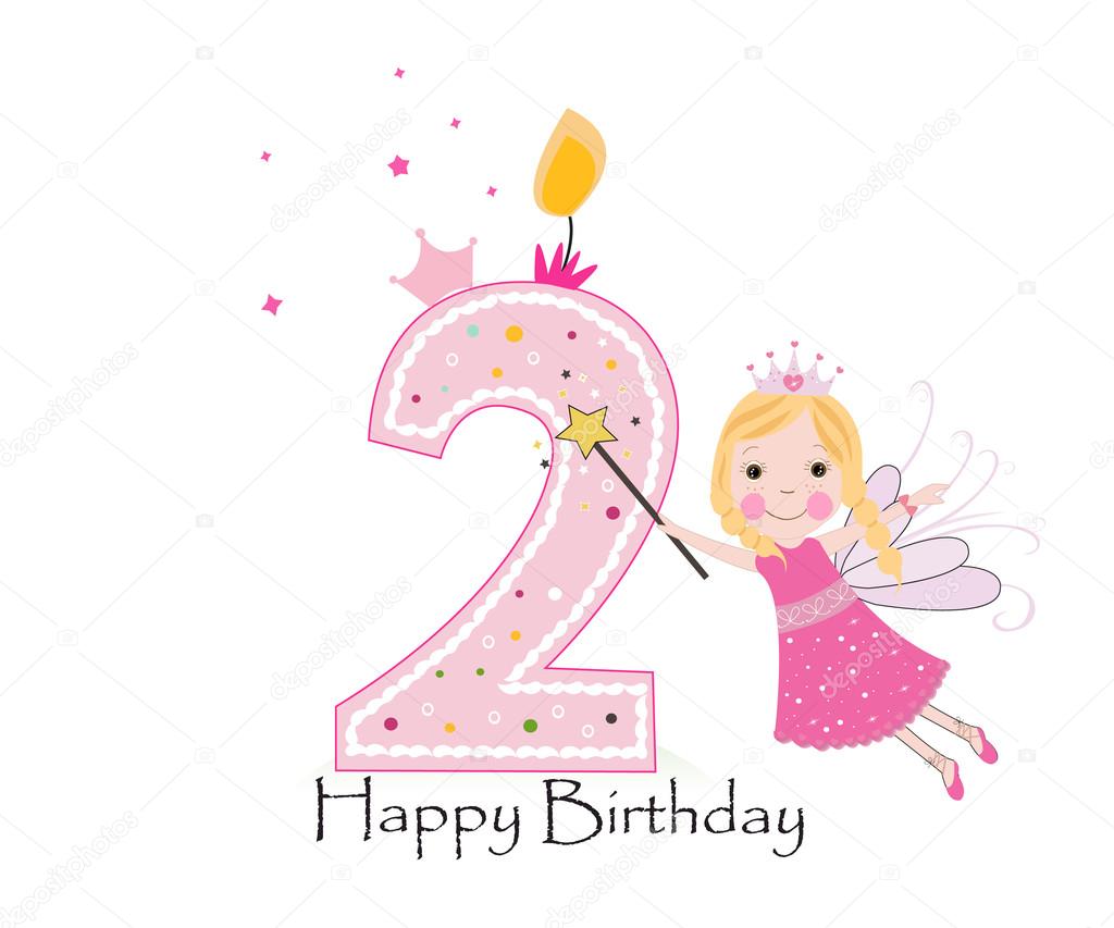 Feliz segunda vela de cumpleaños. Tarjeta de felicitación de niña con fondo  de vector de cuento de hadas . Vector de stock #107580498 de ©gulsengunel, image size:1024x853