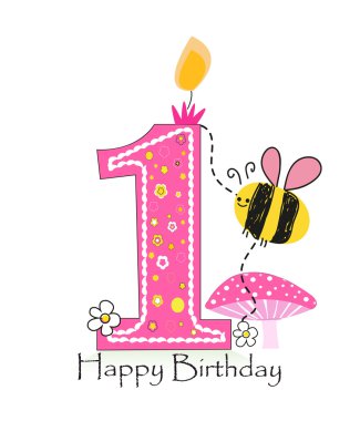 Happy first birthday candle. Baby girl greeting card with bee and daisy vector background