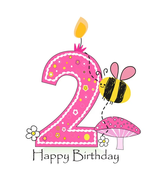 Happy Second Birthday Candle Baby Girl Greeting Card Bee Daisy — Stock Vector