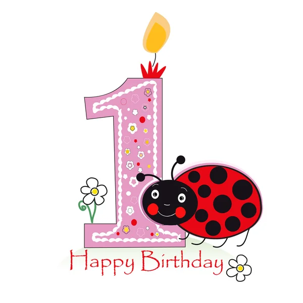 Buona prima candela di compleanno. Biglietto di auguri bambino con coccinella compleanno coccinella e sfondo vettore margherita — Vettoriale Stock