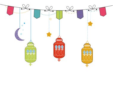 Ramazan Kareem renkli lambalar, hilal ve yıldız ile. Ramazan vektör arka plan geleneksel fener