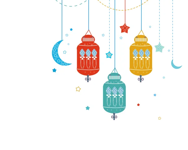 Ramadan Kareem mit bunten Lampen, Halbmonden und Sternen. traditionelle Laterne des Ramadan-Vektors — Stockvektor