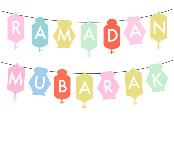Ramadan Mubarak background. Eid Mubarak saudação muçulmana tradicional. Candeeiros árabes pendurados festivos. Cartão ou convite para eventos da Comunidade Muçulmana vetor . — Vetor de Stock