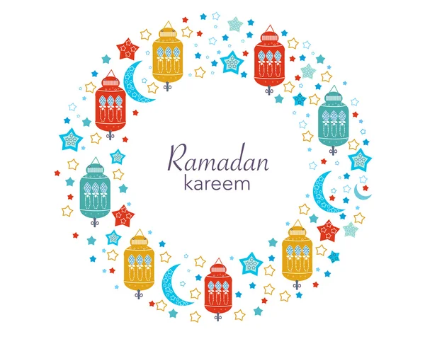 Ramadan Kareem mit Lampen, Halbmonden und Sternen. traditionelle Laterne des Ramadan Kreis Rahmen bunte Vektorillustration — Stockvektor