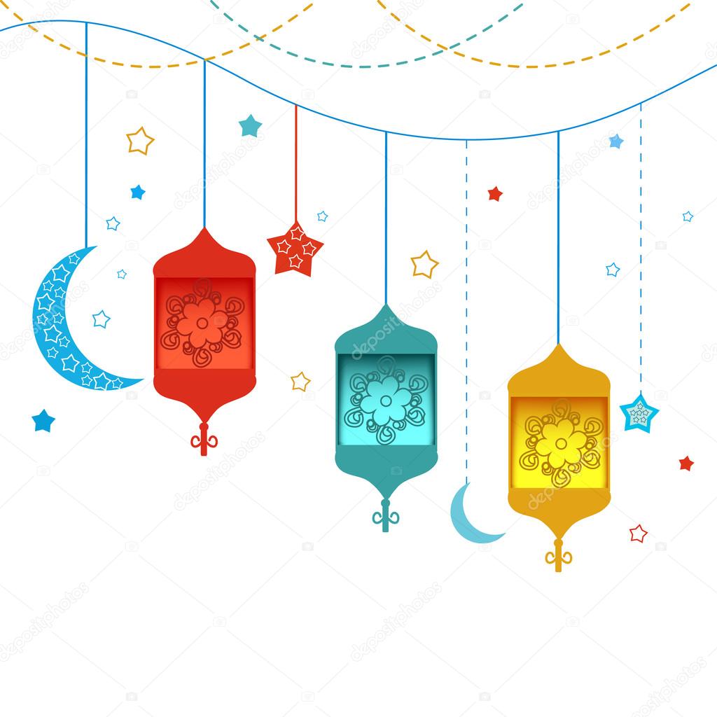 Ramadan Kareem with colorful Lamps, Crescents and Stars
