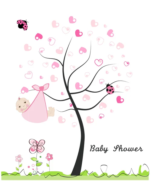 Baby shower greeting card. Made of heart tree. Doodle flowers, baby, ladybird vector illustration — Stock Vector