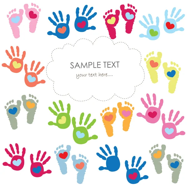 Baby footprint en handen kinderen kleurrijke wenskaart vector — Stockvector
