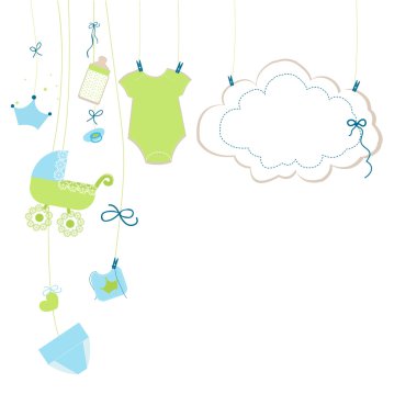 Bebek yenidoğan bebek çocuk sembolleri kartı illüstrasyon asılı