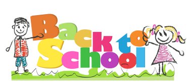 Doodle çocuklar okula geri ve renkli harfler çizimler vektör