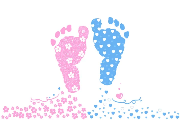 Twin baby boy and girl. Baby foot prints. Baby arrival greeting card vector — Stock Vector