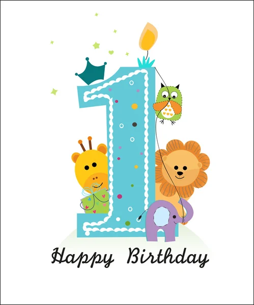 Hayvanlar bebek erkek tebrik kartı vektör ile Happy ilk doğum günü