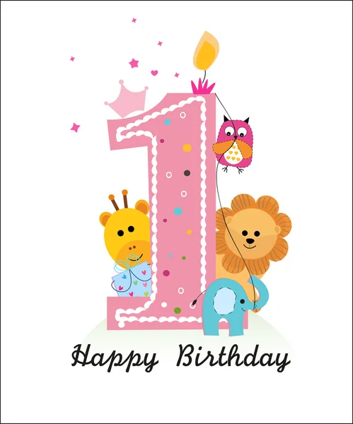 Hayvanlar bebek kız tebrik kartı vektör ile Happy ilk doğum günü